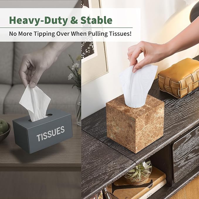 Real Natural Marble Tissue Box Cover, 5.5 Inch Square Marble Tissue Box Holder with Open Bottom, Heavy Stone Decorative Organizer for Bathroom Vanity, Kitchen Countertop, Luxury Home Décor