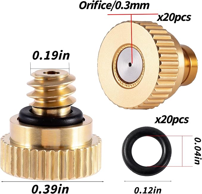 20 Pack Brass Misting Nozzles with 20Pc Brass Misting Nozzles O Ring, Heavy Duty Misting Nozzle 0.012" Orifice (0.3 mm)10/24 UNC for Outdoor Cooling System Dust Control