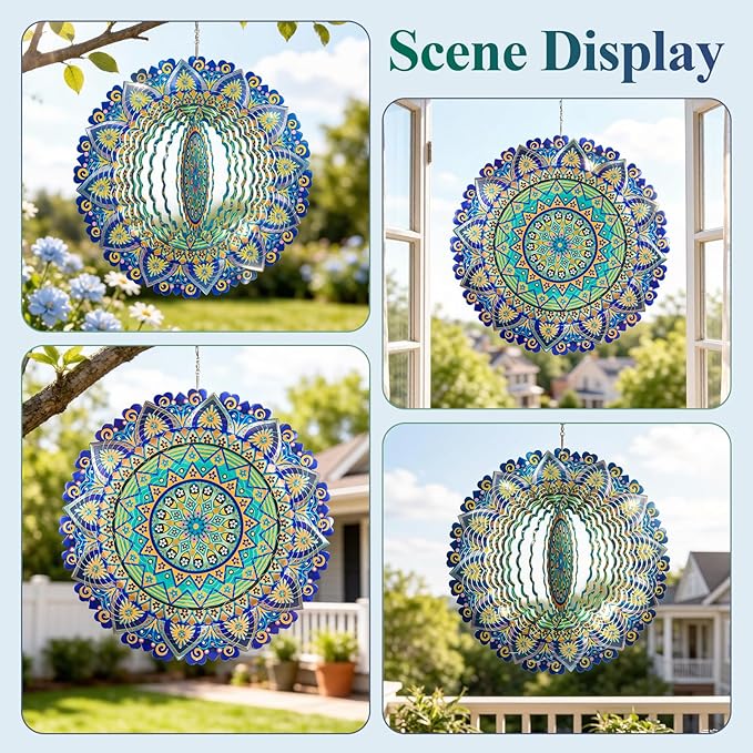 Mandala Wind Spinners Outdoor, IDEA SHOW Stainless Steel Wind Spinners Outside, 3D Kinetic Hanging Sculpture, Rustproof Metal Garden Decor Ornaments for Yard Art, Women, Men, Holidays
