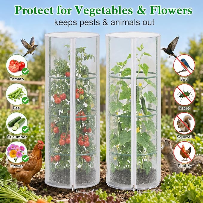 4 Pcs Garden Mesh Plant Cover for Round Tomato Cage, 57" x 15.7" Insect Bird Netting Protection Net Covers with Zipper & Drawstring, Garden Tomato Trellis Netting for Climbing Plants
