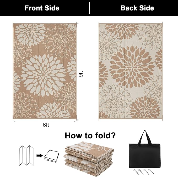 Ileading Waterproof Outdoor Rug 6x9, Reversible Plastic Straw Patio Rug, Portable Indoor Outdoor RV Camping Mat Carpet for Deck, Porch, Balcony, Backyard, Picnic, Floral Brown