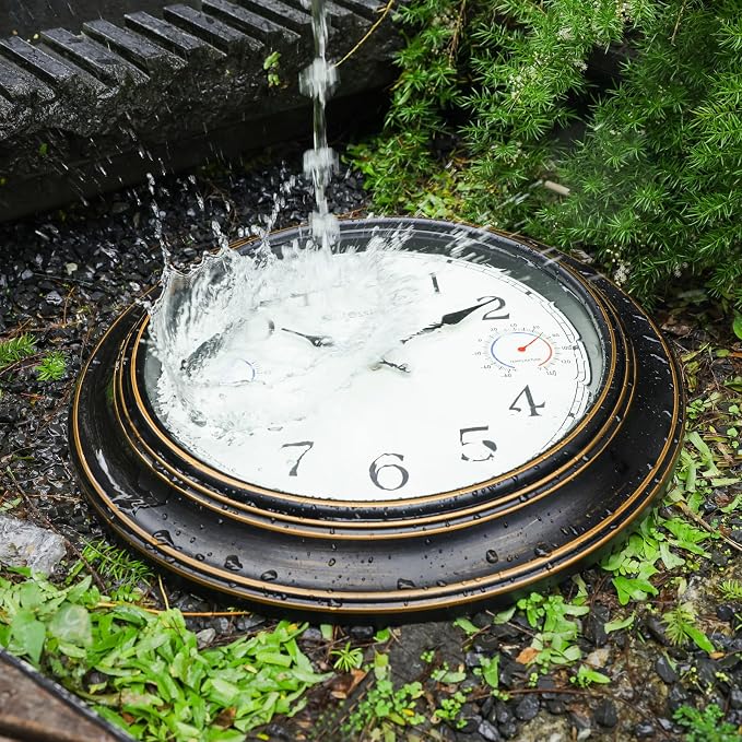 Crosstime 18 Inch Large Outdoor Clock Waterproof with Thermometer & Hygrometer - Silent Retro Wall Clock Decor for Patio, Pool, Garden, Backyard - Bronze