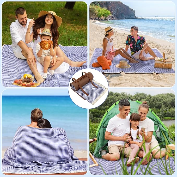 VitalCozy Waterproof Picnic Blankets 59 x 78in Outdoor Blanket Foldable 2 in 1 Double Layer Sandproof Beach Mat with Carry Strap for Camping Lawn Park Beach Grass(Blue White)