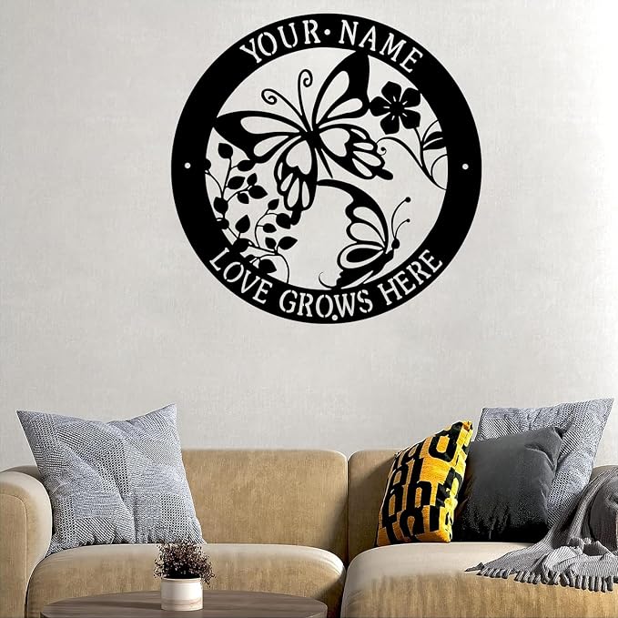 CFC0121313 Butterfly Garden Signs Metal, Butterfly Signs to Personalize, Outdoor Decor, Custom Name Text Garden Plaques Decorations for Potting Shed Mom Grandma