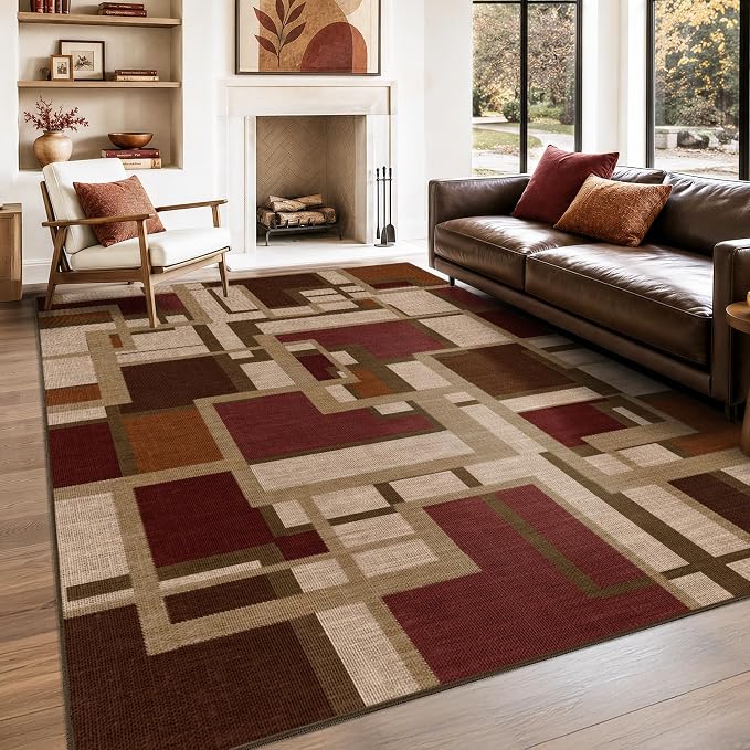 Modern Geometric 8x10 Area Rugs for Living Room, Red Brown Washable Rug | Contemporary Patchwork Blocks Non-Slip Indoor Carpet for Bedroom Dining Room Office | Abstract Soft Low-Pile Large Rug