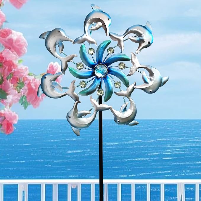Dolphin Wind Spinners Garden Stake, 39" Metal Dolphins Wind Spinner Outdoor Decorations- Outside Lawn Stake Wind Sculptures for Yard Patio,Lawn & Garden Art Decor