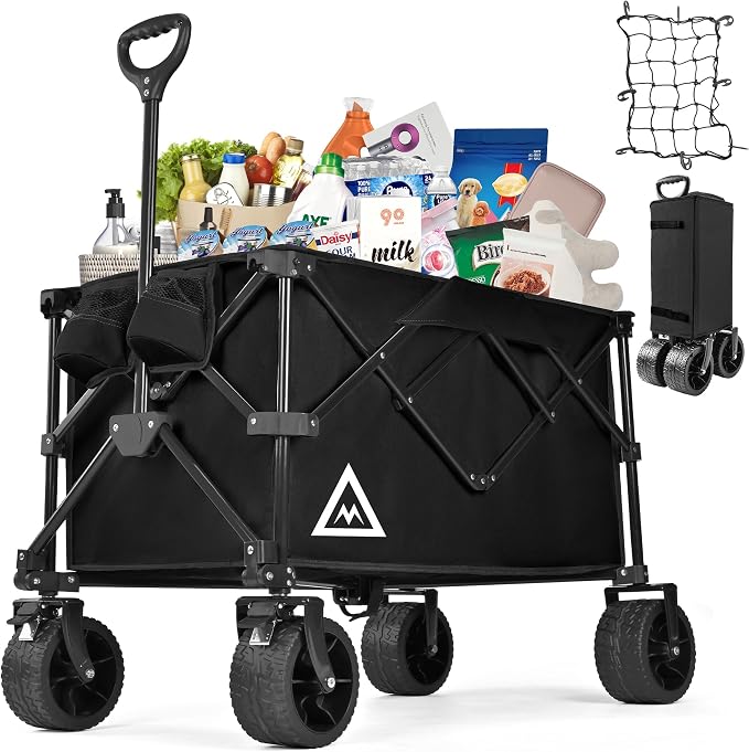Wagon Cart Shopping Cart Large Capacity Collapsible Wagon with Wheels On Beach Garden Outdoor Utility Carts for Grocery All Terrain Portable Wagons Carts for Groceries Sand Camping Sports Black
