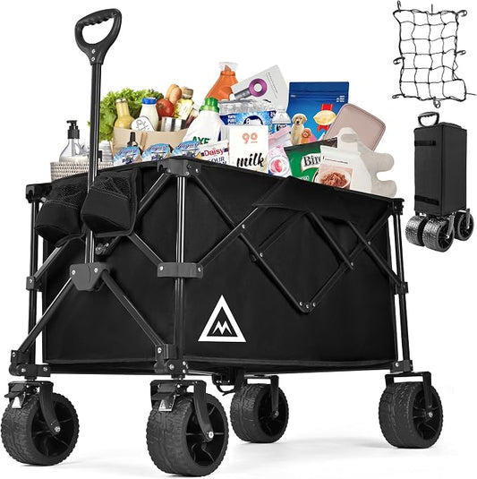 Wagon Cart Shopping Cart Large Capacity Collapsible Wagon with Wheels On Beach Garden Outdoor Utility Carts for Grocery All Terrain Portable Wagons Carts for Groceries Sand Camping Sports Black