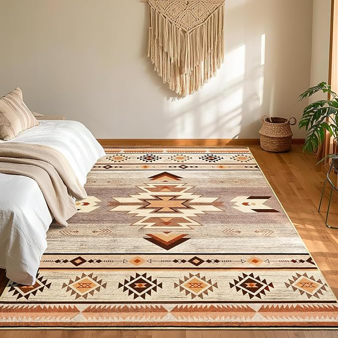 BENRON Western Area Rugs for Living Room Bedroom 4x6, Washable, Warm Beige | Non Slip Southwest aztec Rustic Rugs for Dining Table Kitchen Home Decor