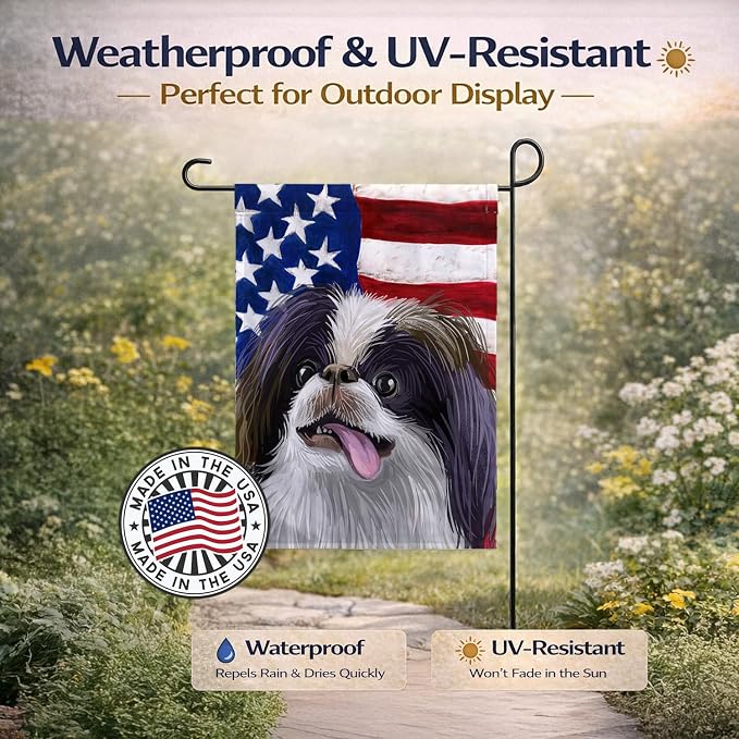 Caroline's Treasures CK6580GF Japanese Chin American Flag Garden Flag Mailbox Flag Decorative Yard Flag Banner Outside Patio Artwork Yard Flower Beds, Garden Size, Multicolor