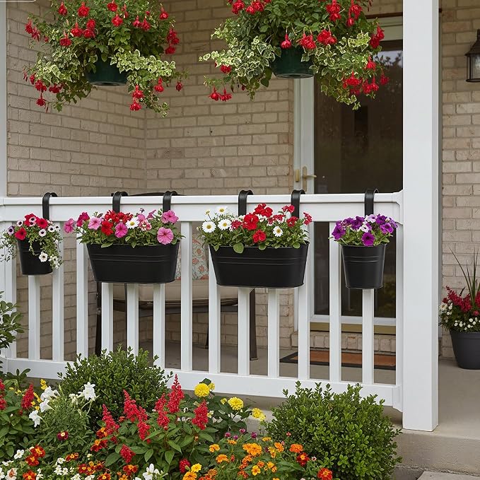 16 Pcs Hanging Flower Pots Planters for Outdoor Metal Iron Wall Flower Planter Baskets for Railing Fence Balcony Garden Yard Home Indoor Decoration with Detachable Hooks(Black)