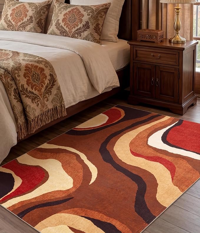 Burnt Orange Rug 3x5 Washable,Farmhouse Brown Retro Carpets,Geometric Abstract Wavy Rug for Bedroom,Unique Colorful Rugs for Living Room,Dining Room,Bedside Rugs