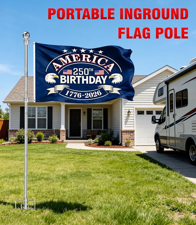 304 Stainless Steel 8FT In Ground Flag Pole with 7 Prongs Base, Heavy Duty Extra Thick Camper Flag Pole, 1 Inch Inground Flag Pole for Outside House, Yard, Garden (Silver-8FT)