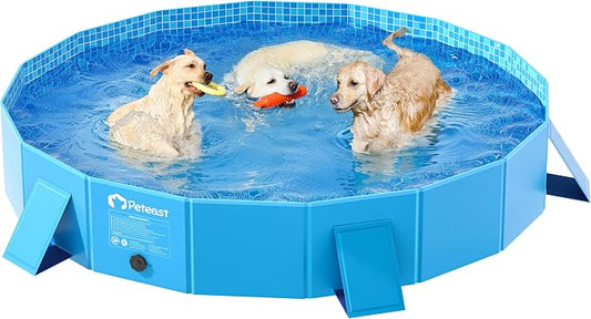 Peteast Dog Pool for Large Dogs, Foldable Hard Plastic, 71 in | Collapsible Kiddie Pool with Stable Side Support for Pets and Kids