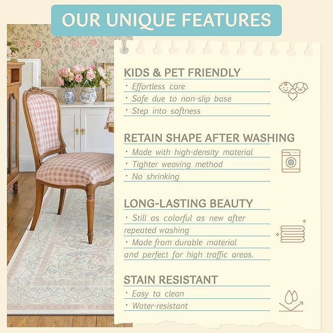 Washable Blue and Pink Rug 5x7 - Baby Girls Nursery Rug Non Slip, Soft Pastel Kids Playroom Decor Carpet, Light Blue and Green Oushak Floral Bedroom Living Room Dorm Carpet (Green and Pink)