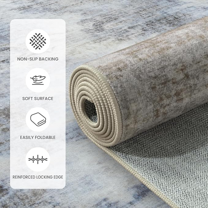 Modern Abstract Washable Area Rug for Bedroom 5x7, Soft Non-Slip | Low Profile Rugs for Living Room, Cool Floor Carpet for Mid-Century, Farmhouse, Vintage Home Decor, Misty Blue Beige Gray