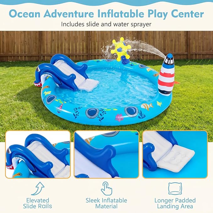 GLACER Kiddie Pool with Slide, 74”x 60.5”x 23” Thicken Water Play Center | Inflatable Swimming Pool with Sprinkler & Fishing Toys, Elevated Rails, PVC Outdoor Blow-Up Splash Pad for Backyard, Garden