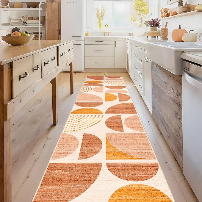 Boho Runner Rug Washable 2x8 Area Rugs Non Slip Modern Abstract | Long Throw Carpet for Hallways Kitchen Bedroom Entryway Bathroom Laundry Soft Low Pile Floor Indoor Bohemian Orange