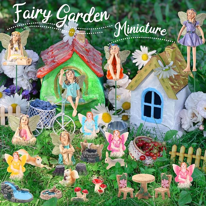 Unittype 120 Pcs Flower Fairy Garden Figurines Bulk Kit Flower Fairy Accessories for Garden Cute Mini Bridge Duck Mushroom Well Pond Micro Animal Landscape Ornaments DIY Kit for Outdoor Yard Lawn