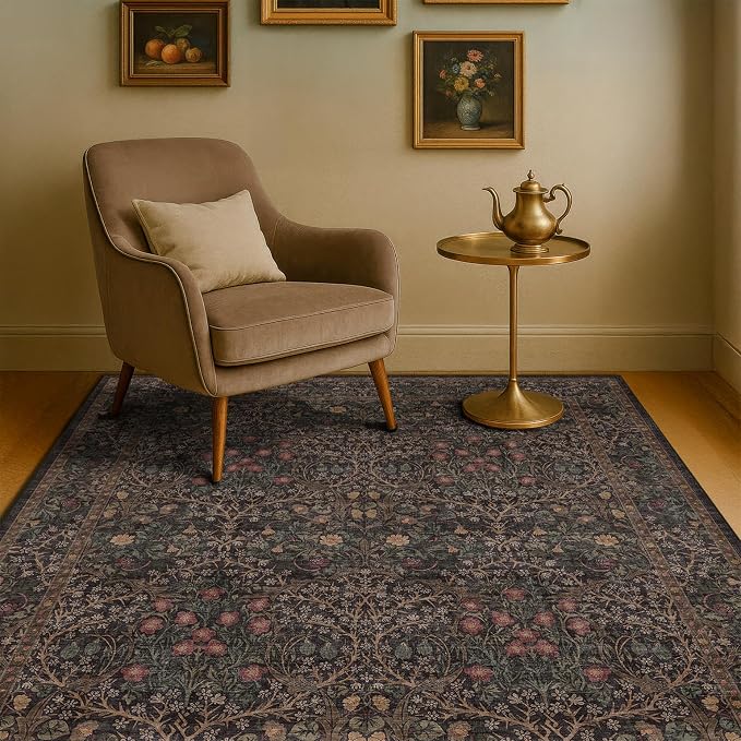 Washable Dark Brown 4x6 Area Rugs for Living Room, Bedroom Bedside Rug, Kitchen, Mudroom, Home Office, Non-Slip Low Pile Ultra Soft Stain Resistant, Small Vintage Taupe Accent Botanical Floral Carpet