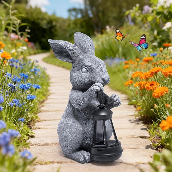 basen Outdoor Bunny Statue with LED Lantern, Battery Powered Resin Rabbit Garden Decor, Weather Resistant Gray Bunny Ornament for Lawn Yard Patio Outdoor Indoor Spring Easter Decoration