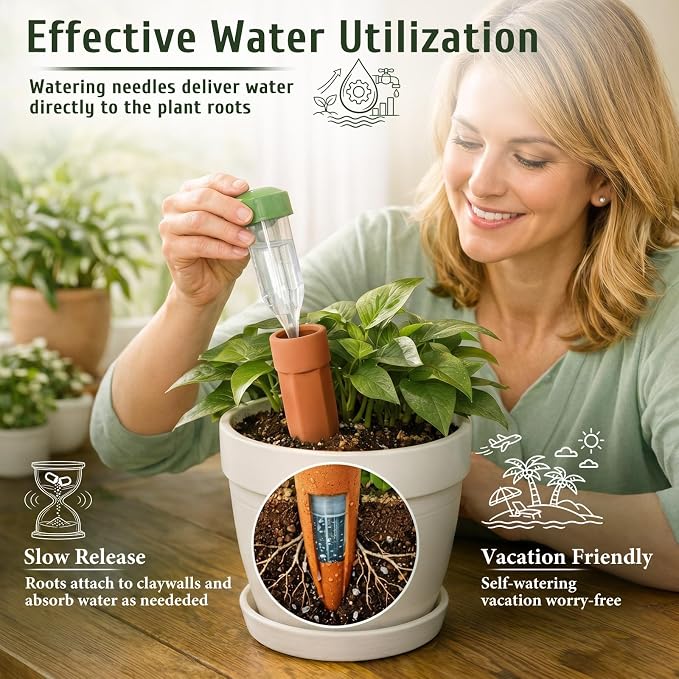 Honeydak 6pcs Medium Terracotta Watering Spikes with Lids 5'' Automatic Plant Waterer Self Watering Stake Planter Insert Slow Release Device for Bottles 5-9'' Pot Plants Indoor Outdoor Garden Vacation