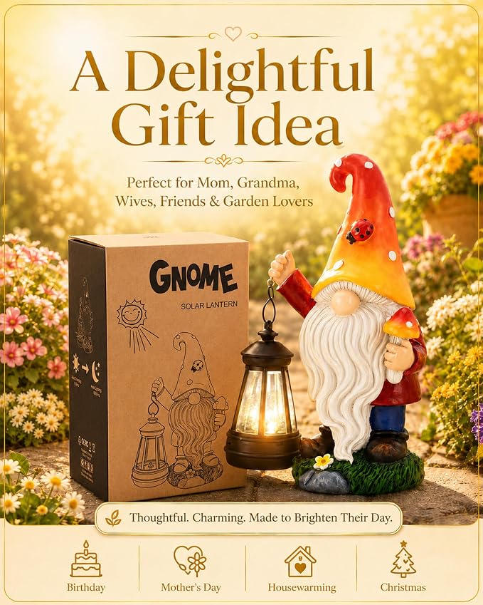 Solar Mushroom Gnome Garden Decor: Outdoor Sculpture with Lantern | IP65 Weatherproof for Yard Balcony Porch Lawn Birthday Gifts for Mom Women Grandma