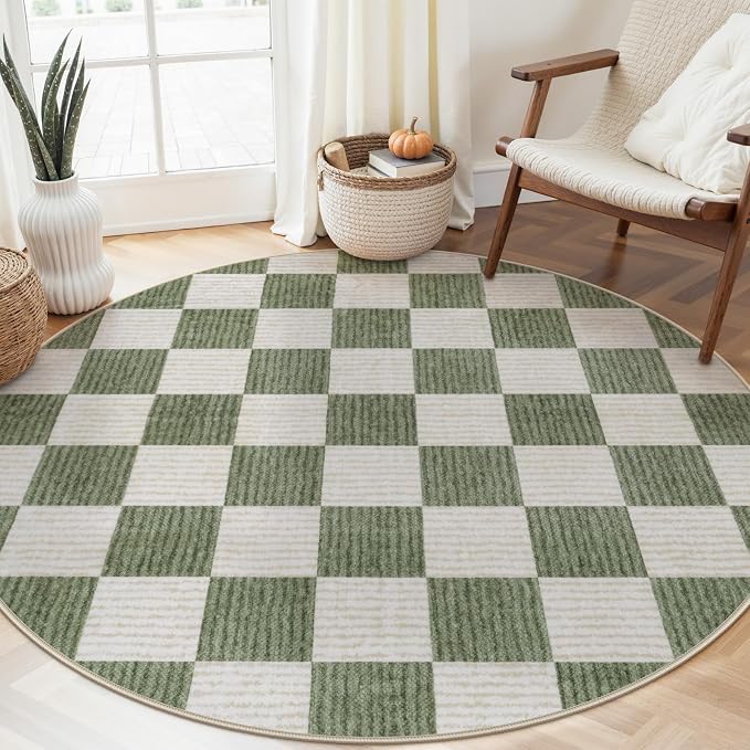 LIVEBOX Checkered Round Rug 6 Ft Washable Area Rug for Playroom Classroom, Kids Non-Slip Neutral Classic Circle Rug Geometric Large Carpet Soft Boys Nursery Rug for Dorm Bedroom(Sage Green,180R)