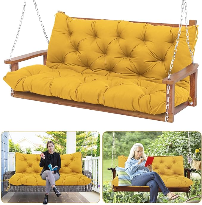 Extra Thick 5" Waterproof Outdoor Swing Cushions Porch 60" Swing Cushions 3 Seater Replacement with Backrest and Ties for Outdoor Furniture Patio Bench Garden(Yellow 60×40×5")