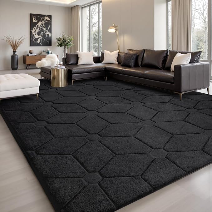 Sour Lemon Area Rugs 10x14 Living Room Bedroom, Exta Large Carpet Black | Washable, Geometric Alfombra Para Salas Modernas, Non Slip Big Soft Thick Fluffy Plush, Memory foam Rug for Kids Playroom