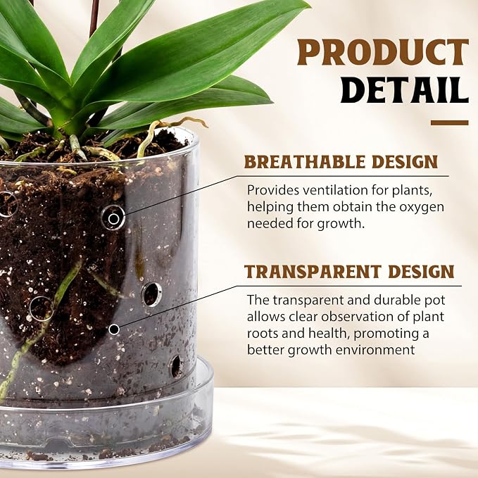 6 Inch 7 Inch Clear Acrylic Orchid Planter Pot with 360° Round Holes & Tray, Thick Acrylic Vented Planter for Phalaenopsis, Root Airflow, Bottom Watering & Indoor Orchid Repotting