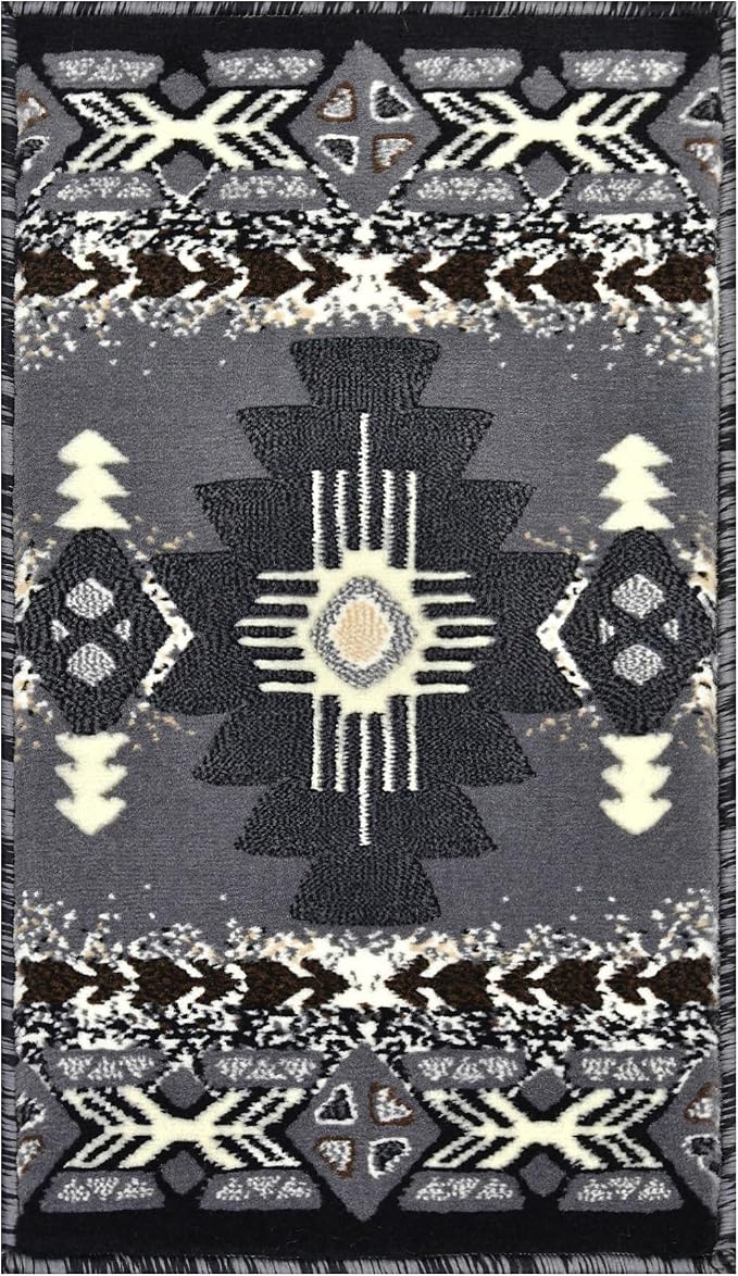 YHSF South West Native American Area Rug C318 - Easy Clean, Thick, Soft, Durable Native Tribal American Indian Inspired Rug for Bedroom/Living Room and More - Grey, 16 Inches x 28 Inches