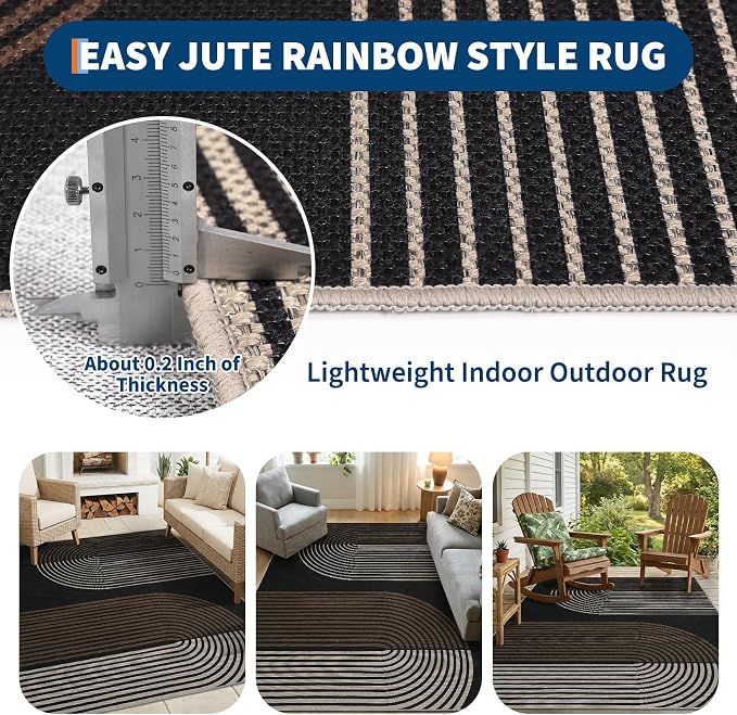 GarveeHome Modern Rainbow Easy Jute 4x6 Area Rug, Indoor Outdoor Reversible Low Pile, Non-Slip & Washable Carpet for Living Room, Bedroom, Kitchen, Sunroom