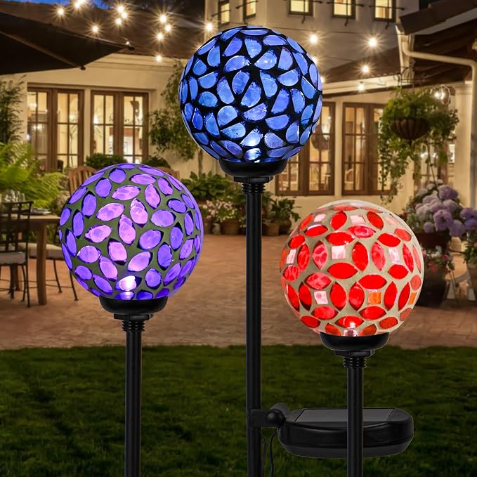 VCUTEKA Decorative Solar Garden Lights, 3.5" Mosaic Globe Stake 3 Pack | Mosaic Glass Design, Solar LED Light, Weather Resistant, Auto On/Off and Metal Stake Design for Lawn and Patio