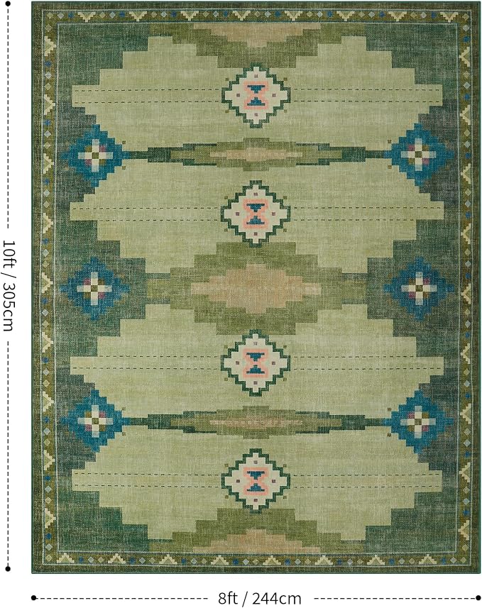 8’x10’ Washable Green Mid Century Modern Area Rug for Living Room | Soft, Non-Slip, Low Pile, Funky Retro Aztec Large Rug for Bedroom Dining Room Playroom, Green
