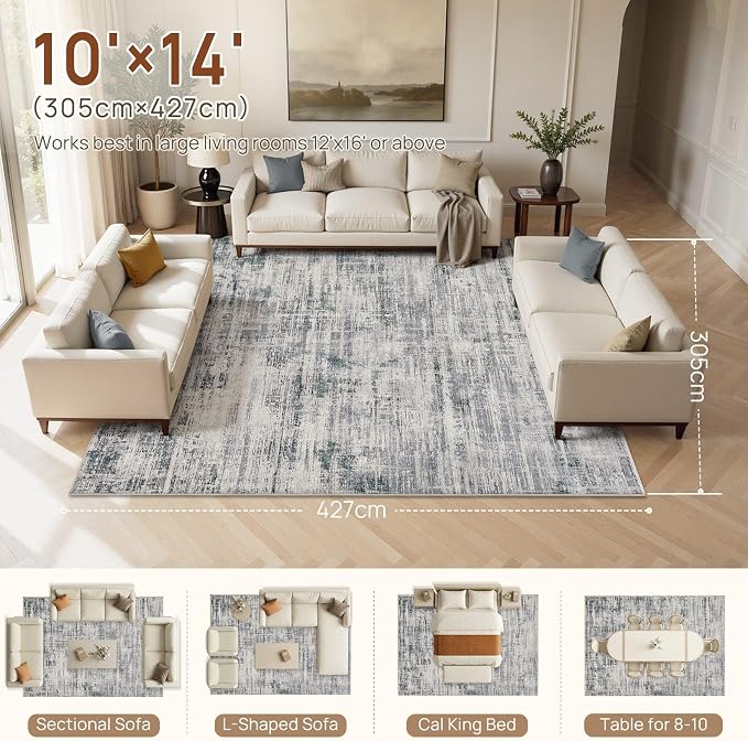 UERMEI 10x14 Area Rug for Living Room Washable Abstract Gray Carpet | Low Pile Non-Slip Soft Neutral Modern Kid Pet Friendly Large Rugs For Bedroom Dining Room Nursery Office Indoor Decor