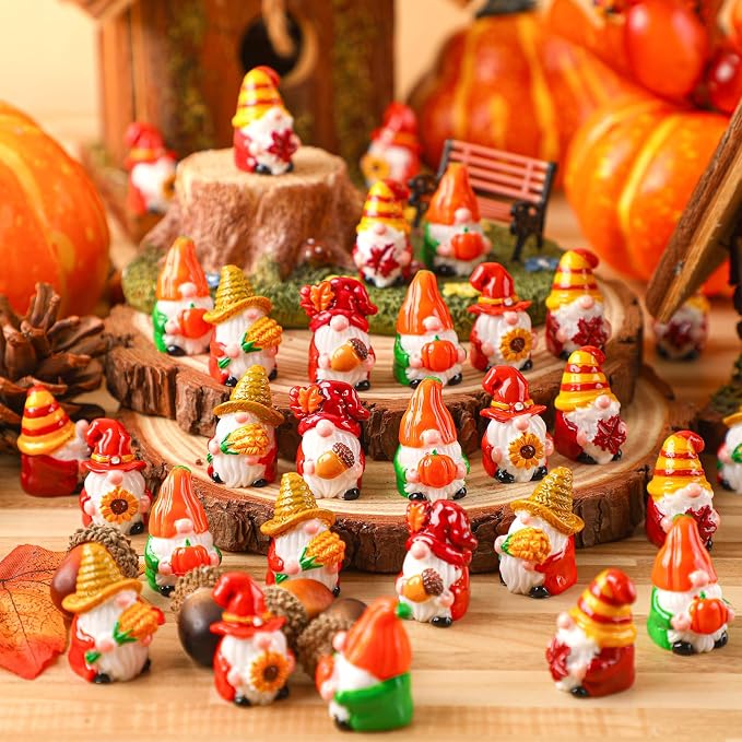 80 Pcs Thanksgiving Gnomes Bulk Miniature Thanksgiving Gnomes Figurines to Hide Fairy Resin Statues Pumpkin Maple Leaves Tiny Statues Gift Harvest Table Decorations for Patio Garden Landscape