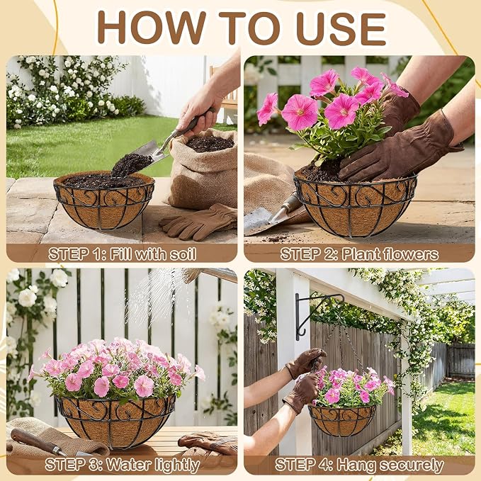 2 Pack 10 inch Metal Hanging Baskets for Plants, Round Metal Wire Hanging Basket Planter with Coco Fiber Liners Chain for Garden Home Porch Patio, Flower Border