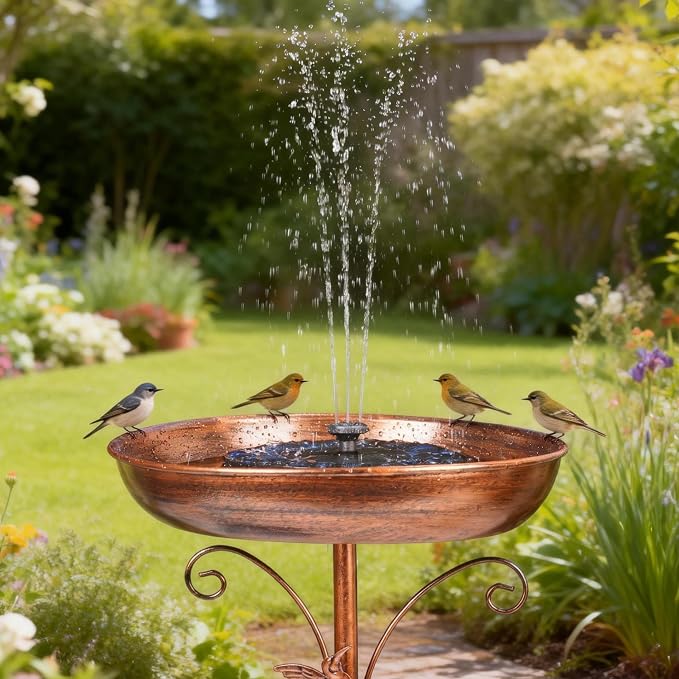Metal Bird Bath with Solar Fountain for Outdoors, 13" Detachable Bowl & Stable 5-Prong Base Stake, Antique Bronze Birdbath for Garden Yard Patio Decor