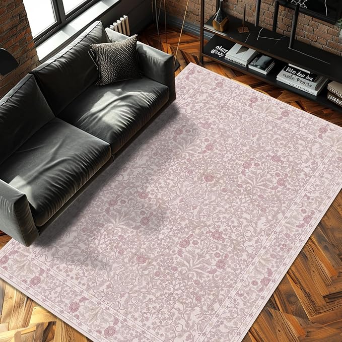 Vintage Pink Living Room Rug, 6x9 Washable Area Rugs for Dining Room Under Table, Soft Low Pile Large Carpet Bedroom, Non-Slip Boho Floral (6 x 9 Pink)