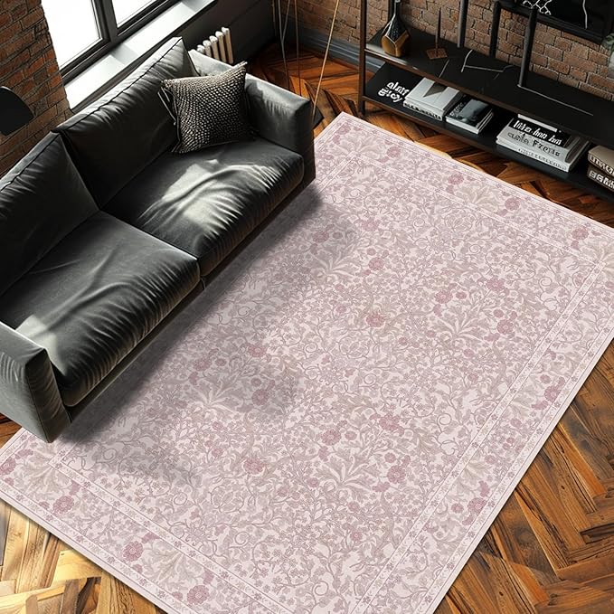 Vintage Pink Living Room Rug, 5x7 Washable Area Rugs for Dining Room Under Table, Soft Low Pile Large Carpet Bedroom, Non-Slip Boho Floral (5 x 7 Pink)