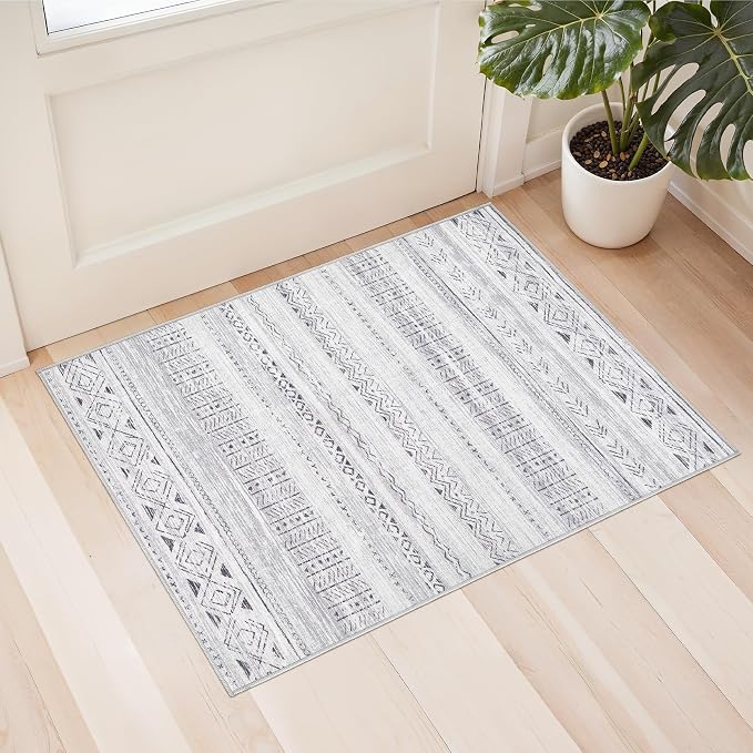 cotiled Washable 2x3 Entryway Rugs: Boho Moroccan Soft Small Rug | Solve Modern Neutral Trendy Home Decor - Low Pile Stain Resistant for Bathroom Entryway Kitchen Laundry Room Dark Grey