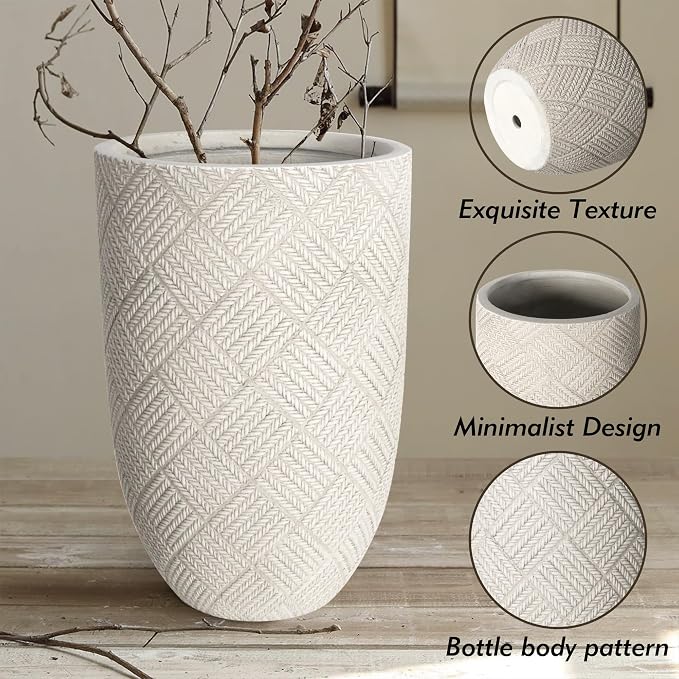 Oakrain Large Rustic Planters for Indoor Plants, 17.7" Tall Decorative Planter Pot with Drainage Hole, Modern Floor Vase for Home Decor, Living Room, Entryway, Beige