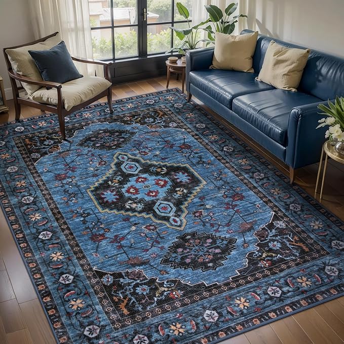 Tangsoo Oriental 3x5 Washable Area Rugs, Blue Non Slip Accent Rug | VIntage Indoor Print Distressed Carpet, Soft Low Pile Rug for Living Room Dining Bedroom Bedside Entryway Blue Home Decor