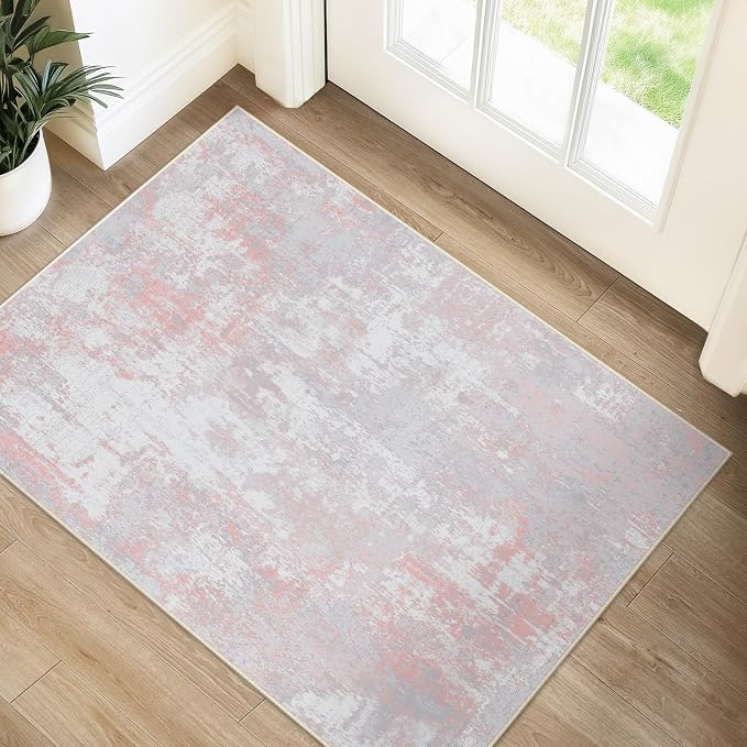 RELEANY Washable 2'x3' Abstract Area Rug for Living Room Gray Pink | Carpet for Bedroom, Kitchen, Office, Hallway and Entryway, Printed Pattern, Non‑Slip, Soft, Stain‑Resistant, Easy to Clean