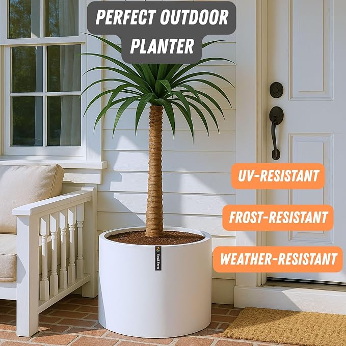 Fox & Fern Large Indoor Planter, Modern Large Plant Pot for Indoor or Outdoor, UV and Frost Resistant - 18.7 Inch, Fiberstone, Matte White Flower Pot with Drainage Plug, Lightweight