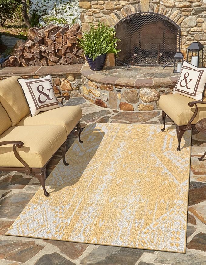Unique Loom Outdoor Bohemian Collection Area Rug - Anthro (7' 1" x 10' Rectangle, Yellow/ Ivory)