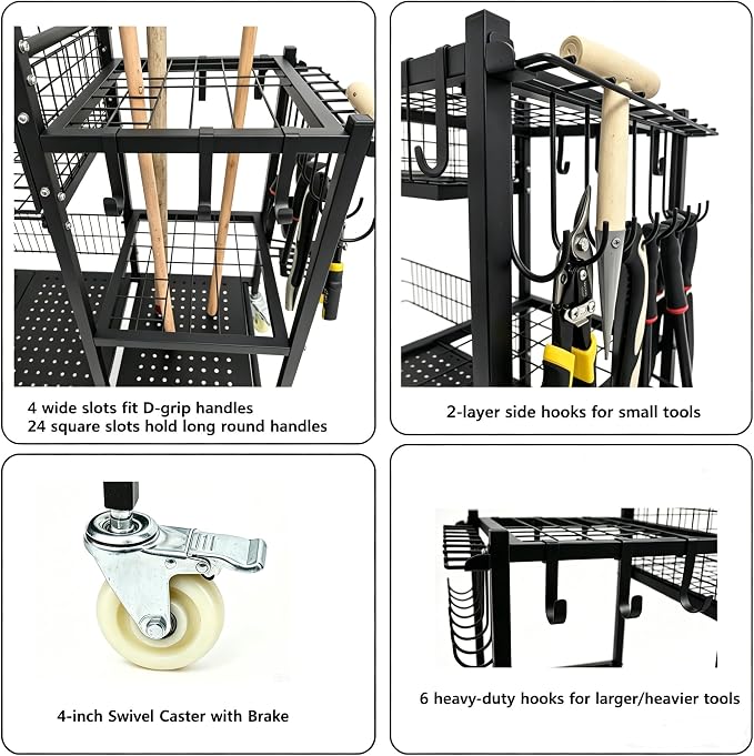 Anleolife 3-in-1 Garden Cart: Workstation, Harvest Basket & Tool Rack | 4IN swivel casters with brakes. Rust-resistant steel. Ideal for potting, transplanting, harvesting & tool storage