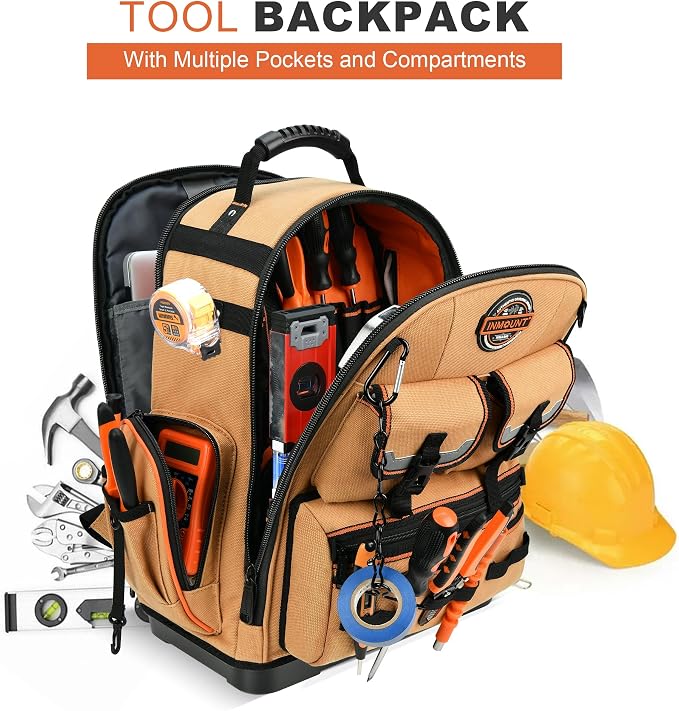 LOKASS Tool Backpack Heavy Duty with Molded Bottom, 1680D 56-Pocket Tool Bag Organizer with Laptop Compartment & Combination Lock, Durable Water-Resistant Electrician & HVAC Tool Backpack - khaki