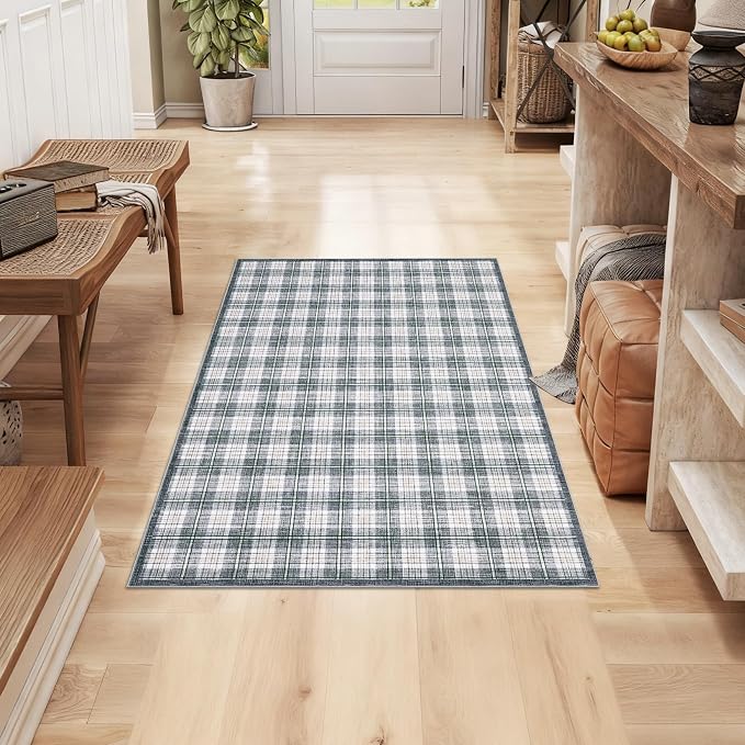 GarveeHome Checkered Rugs 2x3, Machine Washable Entryway Rug with Non Slip Backing, Stain Resistant Low-Pile Doormat for Indoor Outdoor Hallways Kitchen Bathroom Bedroom Grey